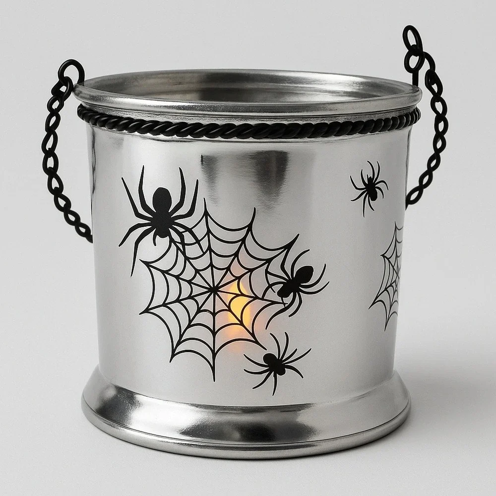 Halloween Spider Web Candle Holder Lantern, Silver Glass Decoration